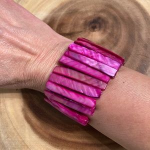 Pink Abalone Shell bracelet slip on stretch 1 3/4 inch wide iridescent
